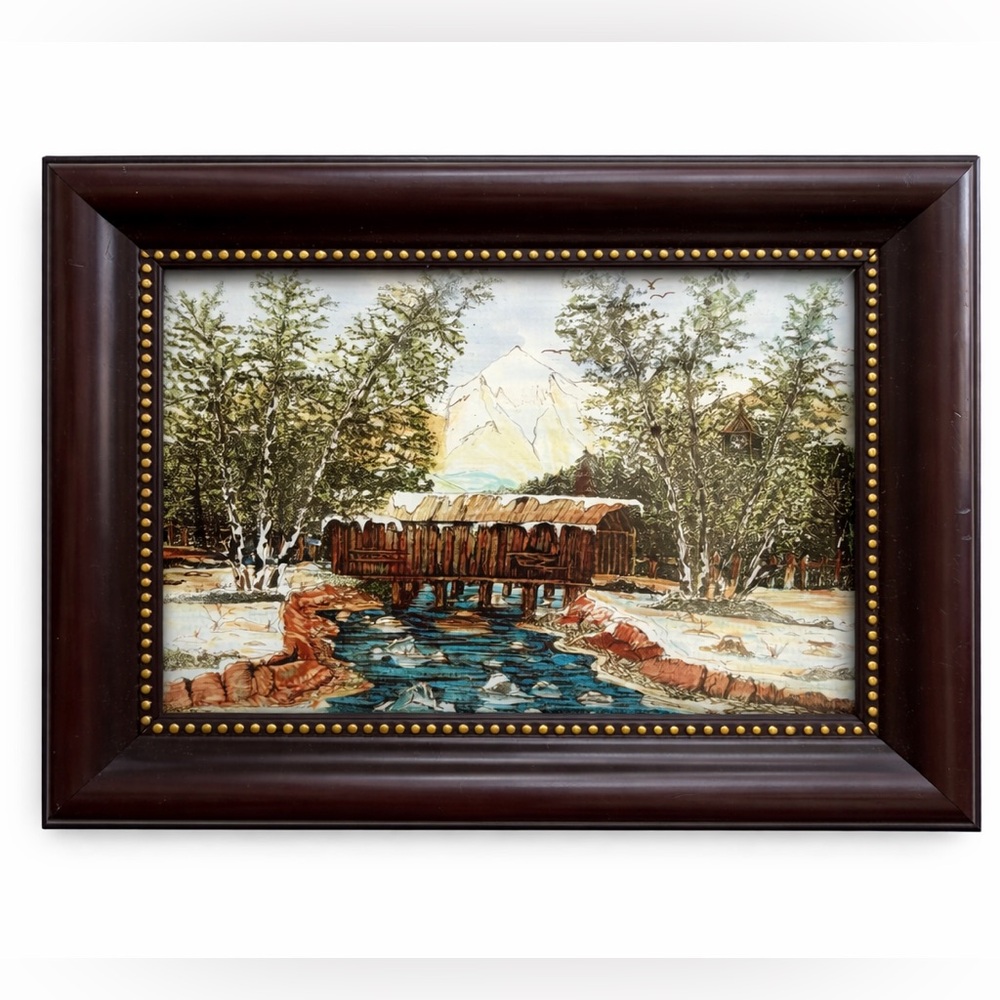 Framed Art painting covered bridge landscape print small